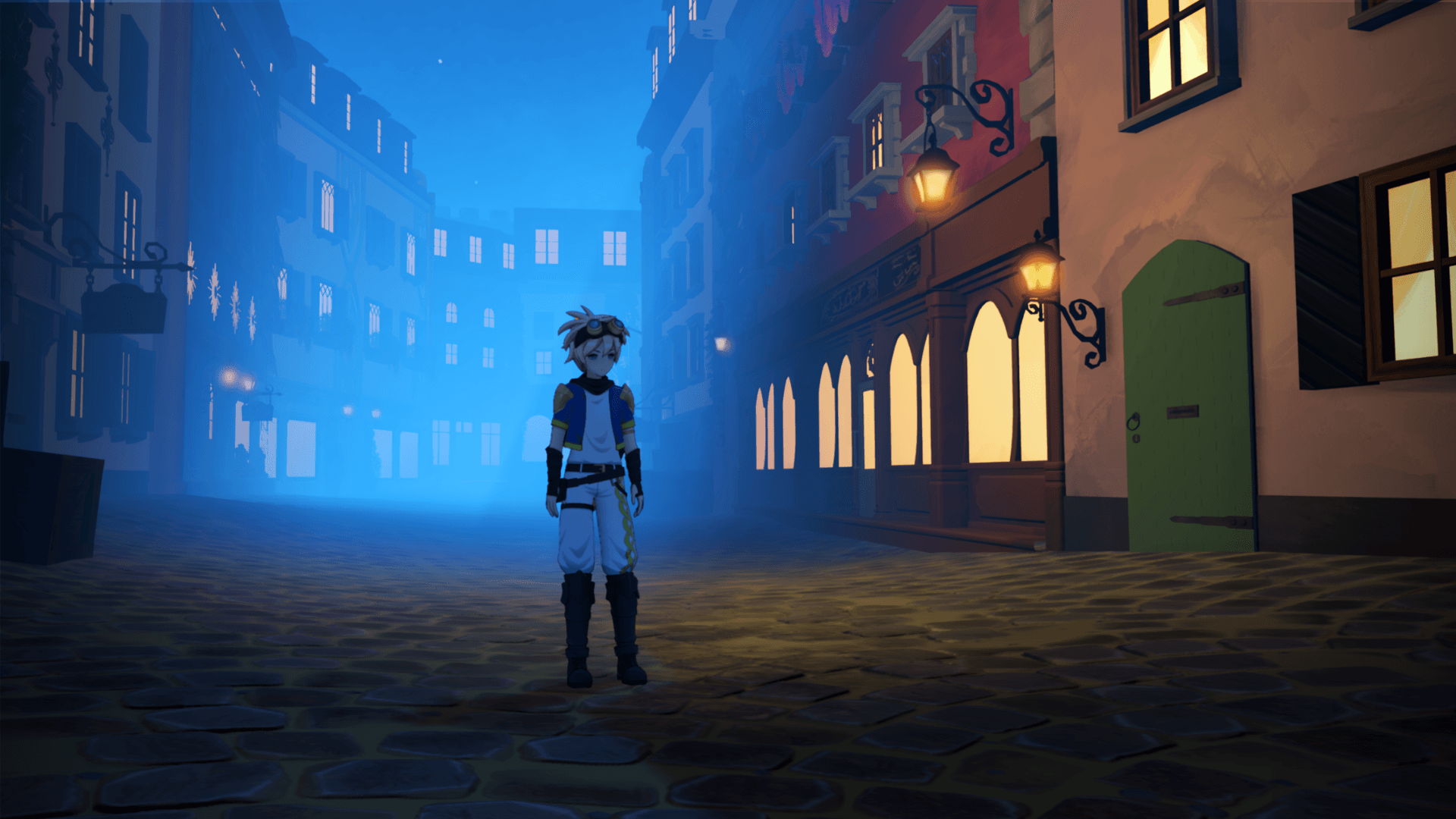An adventurer standing in a lantern-lit alleyway in Maran