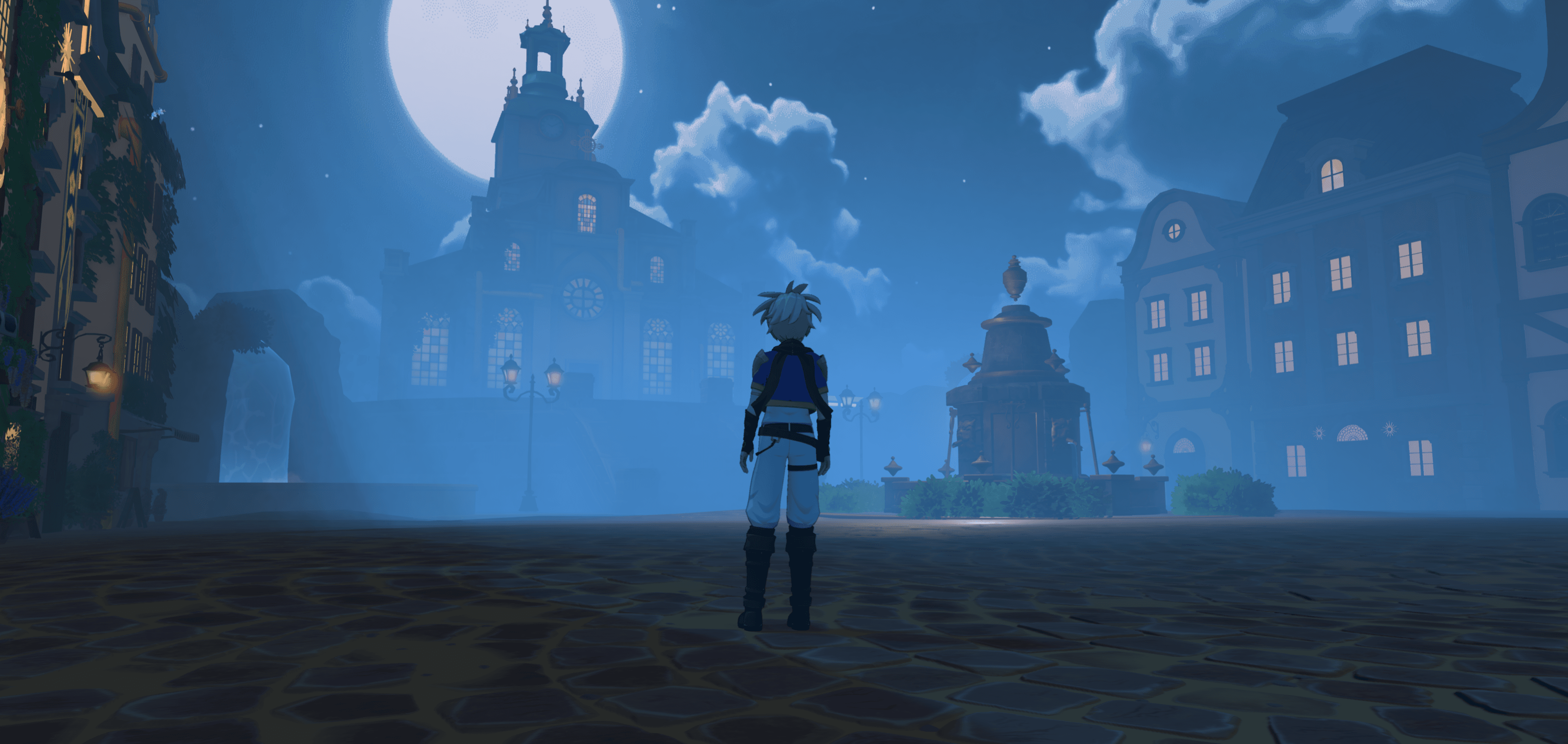 A lone adventurer looking across a moonlit courtyard in Maran